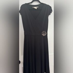 Max Studio Black Midi Wrap Dress with Floral Pin Accent